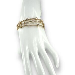 Cezanne Studded Crystal Rhinestones Cuff Bracelet Three Layers over Gold Tone